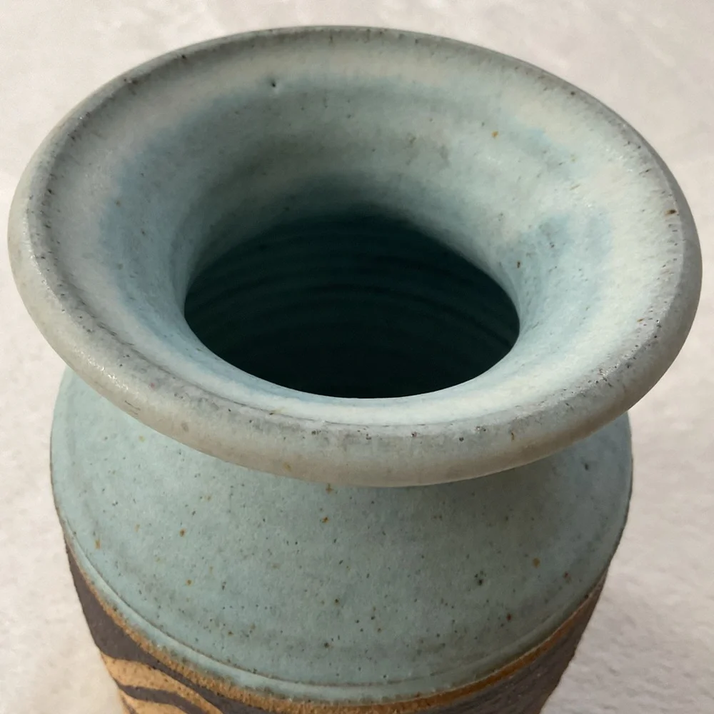 Signed Studio Pottery Vase 8” Blue Carved Stoneware Art Pottery - Picture 11 of 16